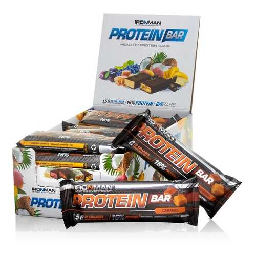 Батончик IRONMAN Protein Bar с коллагеном, 50г (Карамель/тёмная глазурь)(24шт) в Декатлон