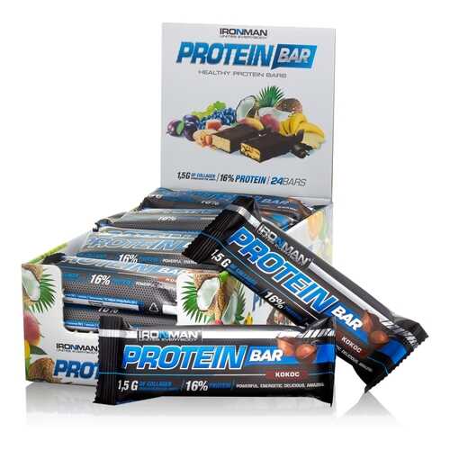 Батончик IRONMAN Protein Bar с коллагеном, 50г (Кокос/тёмная глазурь)(24 шт) в Декатлон